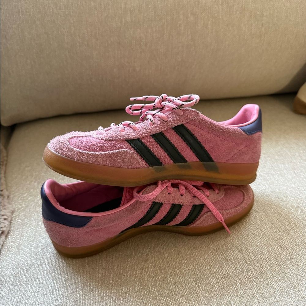 adidas Pink Suede Gazelle with Black Stripes and Gum Sole